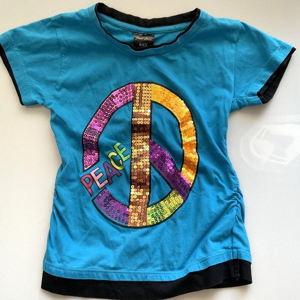 JUST LOVE RAINBOW SEQUINS PEACE SIGN T-SHIRT GIRLS 6/6X